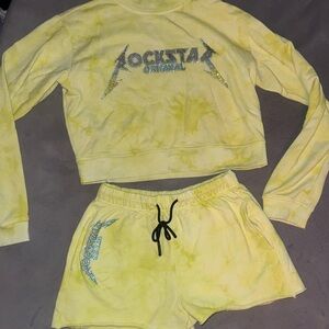 Rockstar Original Yellow Tie-Dye Cropped Sweatshirt & Shorts Set